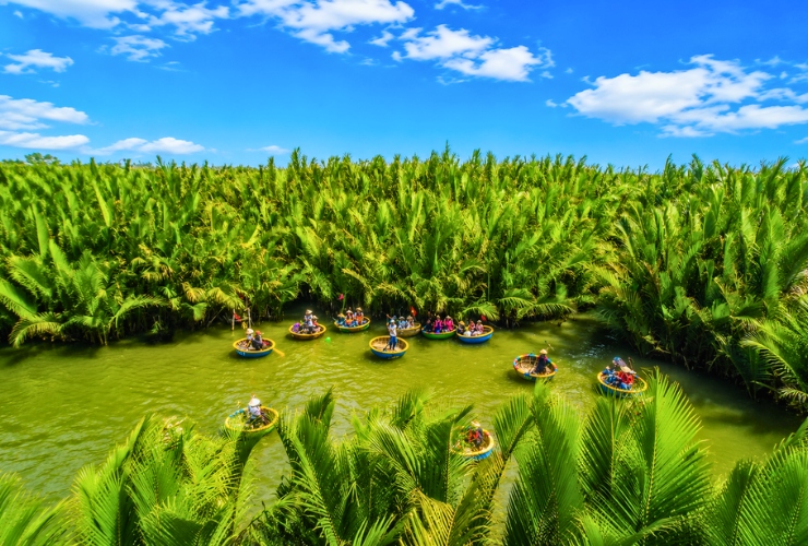 Promenade en bateau-panier au cœur de la forêt de cocotiers Bay Mau