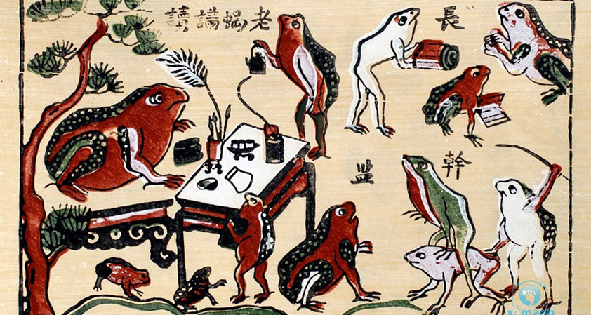 Peinture folklorique racontant une histoire avec des animaux